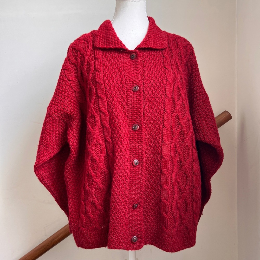 Vintage Chunky Cardigan Red Cable Knit Fisherman Wool Blend Button Front Sweater